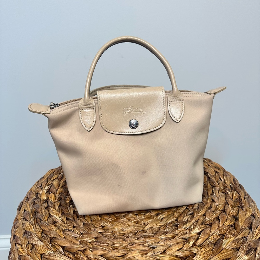 Longchamp Modele Depose Lepilage mini handbag tan beige nude color leather trim